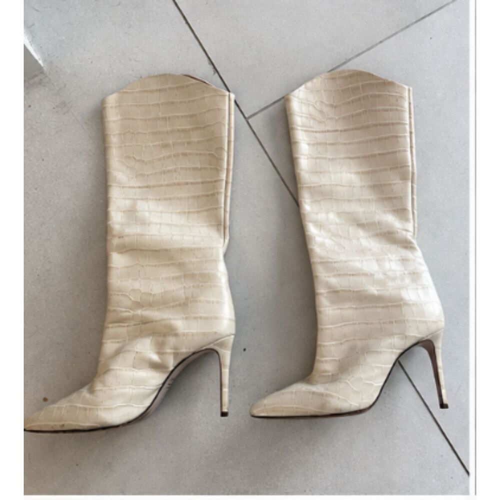 Schutz Maryana Croc Embossed Leather Knee High Boots Cream Size 10